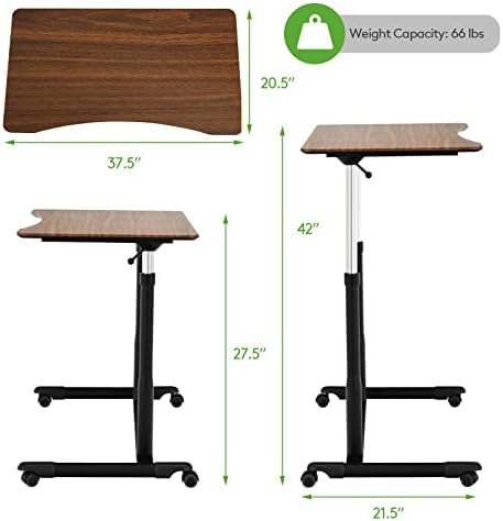 COSTWAY Mobile Height Adjustable Standing Desk, Compact Pneumatic Sit to Stand Computer Desk w/Lockable Casters, Ergonomic Rolling Laptop Table w/Steel Frame for Home Office (Espresso)