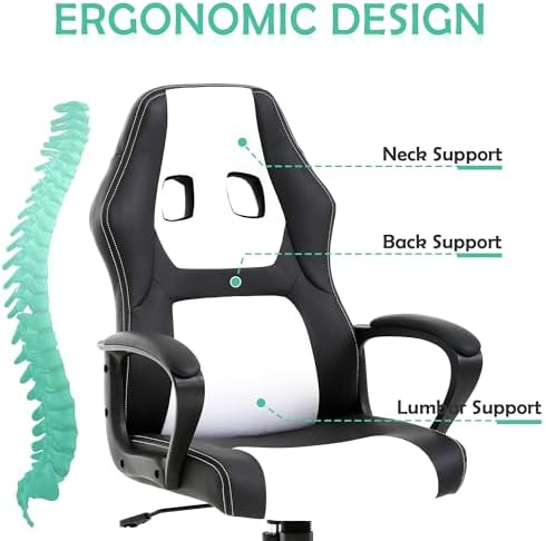 White Massage Gaming Chair for Kids, Ergonomic Office Chair Computer Chair with Adjustable High Back & Armrest, PU Leather Gamer Chair with 360°Swivel, Heavy Duty Gaming Chairs for Adults, Teens