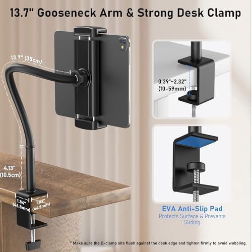 Tablet Stand for Desk, Gooseneck iPad Holder Clamp Mount, 360° Adjustable
