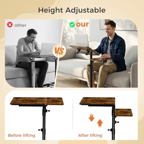 YUHFERA Rolling Table for Laptop Stand, Height and Angle Adjustable Over Bed Table with Wheels, Tilt-Top Laptop Desk for Couch with Cup Holder, Bed Table Tray for Eating (Brown)