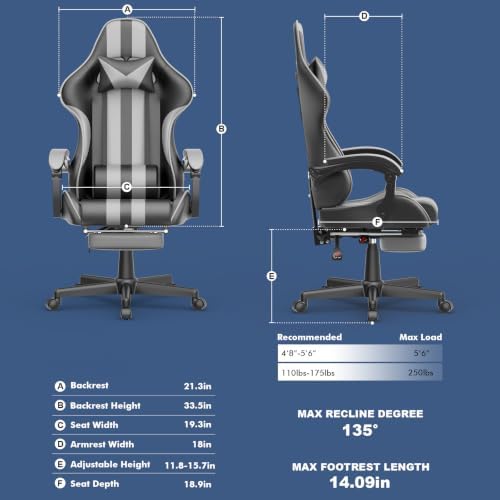 Huracan Gaming Chair with Footrest, Adjustable Ergonomic Computer Office Chair with Lumba Pillow, Video Game Computer Chairs for Adults, Racing Style Reclining Backrest Office Desk Chairs, Grey