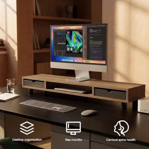 Fenge Dual Monitor Riser with 2 Drawers, 42.5in Long Desk Shelf, Brown