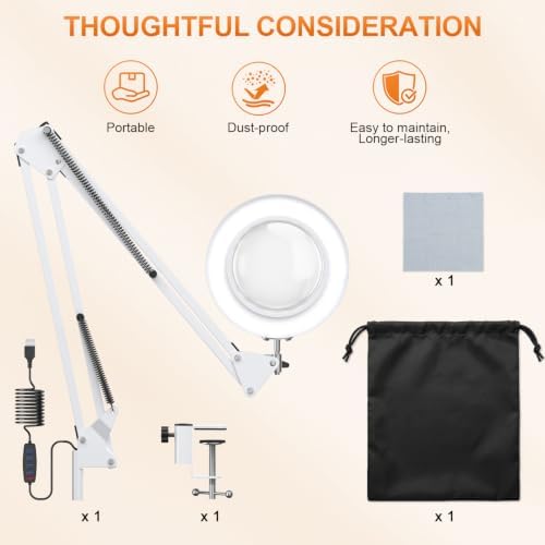 10X Magnifying Glass Lamp w/Clamp, 360° Shadow-Free Light for Close Work