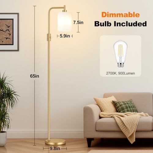【Upgraded】 Dimmable Floor Lamp for Living Room with Opal Glass Lamphade, Gold Modern Glass Floor Lamp with 900LM LED Bulb Included, Arc Standing Tall Lamp for Bedroom, Office, Reading Room, Corner
