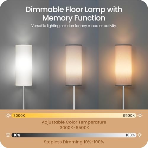 Dimmable Floor Lamps for Living Room with Remote and Foot Switch, 64.4” Modern Standing Tall Lamp, Corner Lamp for Bedroom, Office, Bulb Included, 3000K-6500K, White and Silver, FCC Listed SCW06LD05W1