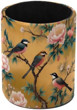 Leather Pen Holder for Desk, Peony Bird Pencil Cup Pen Organizer Makeup Brush Holder for Office Home Kids Countertop Desk Accessory Storage