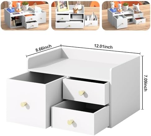 Bamboo Desk Organizer with Drawers,Wooden Desktop Storage (3 Drawer,White)