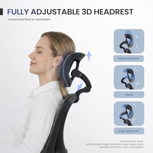 MALOL Ergonomic Mesh Office Chair with Footrest, Executive High Back Computer Desk Chair with 3D Adjustable Headrest & 5-Level Lumbar Support, Reclining Tilt Lock, 3D Arms, 300LBS Capacity, Grey