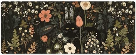 Black Cat Floral Desk Mat Large Mouse Pad for Keyboard and Mouse