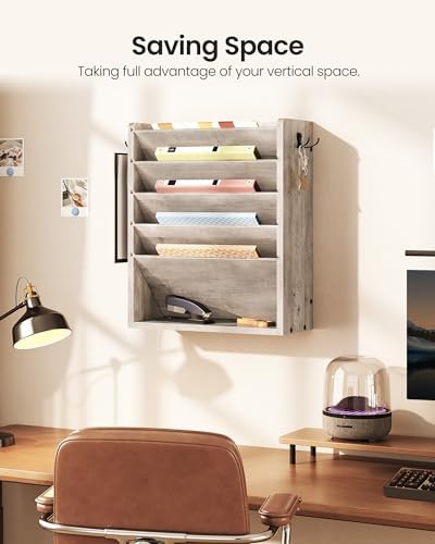 CHOEZON Wall File Organizer, 6-Tier Vertical Mount Hanging Holder with 2 Side Hooks, Modern Wooden Magazine Storage Holder with Bottom Tray, Desk Organizer, for Office, Home, Greige MWJ01FH