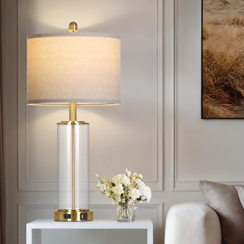 Ruzectt 26" Glass Table Lamp Single, 3-Way Dimmable Touch Control Living Room Lamp with USB C+A Ports & AC Outlet, Modern Bedside Lamps, Bedroom Lamps for Nightstand Side End Table Desk, Gold-1PK