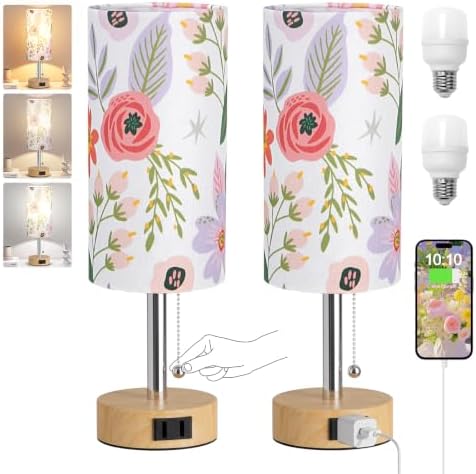Flower Bedside Table Lamps Set of 2 - Bedroom Lamp for Desk, AC Outlet