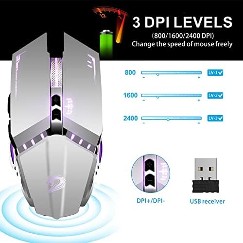 TENMOS T12 Wireless Gaming Mouse, Silent Rechargeable Computer Mice-Silver