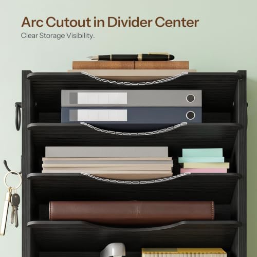HOOBRO Wall File Organizer, Mail Organizer Wall Mounted, Wooden Literature Organizer, Construction Paper Organizer with Drawer Storage and 2 Hooks, for Office, Classroom, Home, Black BK14WF01