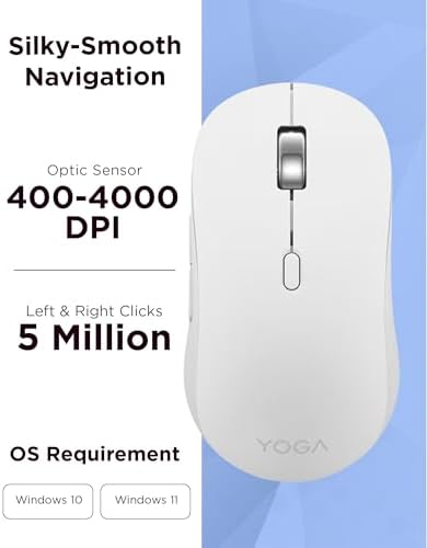 Lenovo Yoga Bluetooth Silent Mouse, 3 Level DPI Adjustment, 36 Month Battery Life, Bluetooth 5.3, 3 Device Paring, Whisper Quiet, Programmable Buttons, Smooth Finish, Seashell