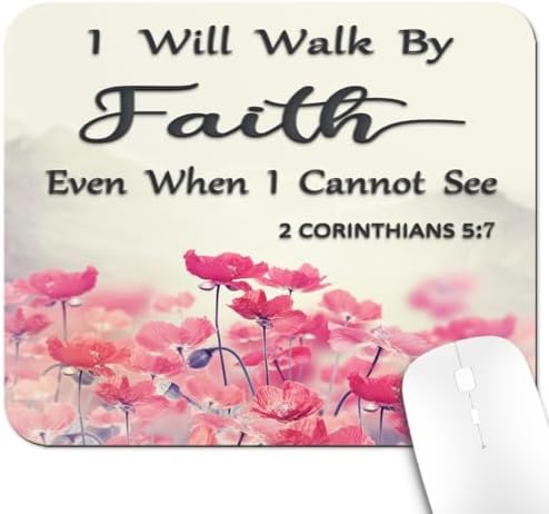 9.5x7.9 Inch Office/Gaming Mouse Pad, I Will Walk by Faith Even When I Cannot See Christian Bible Verse Scripture Quote, Pink Lotus Flowers Motivational Floral Cute Anti-Slip Mat for Desk