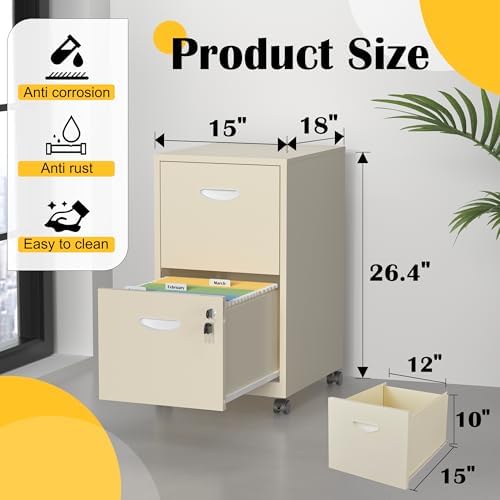 SteeLoong 2 Drawer File Cabinet,Metal Mobile File Cabinet with Lock Cream