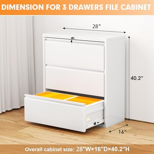 INTERGREAT Lateral File Cabinet 3 Drawer, Metal File Cabinets for Home Office, Locking File Cabinet for Letter/Legal/F4/A4 Size Hanging Files, Easy Assembly, White