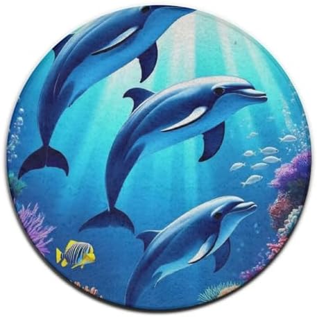 Women's Large Home Decor Mat, Soft Round Yoga Carpet, Non Slip Machine Washable Home Office Circle Rug Dolphin Under Sea World