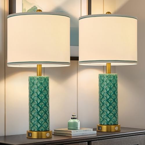 Set of 2 Table Lamp for Living Room Bedroom Farmhouse,26'' Touch Control Bedroom Turquoise Ceramic Lamps 3-Way Dimmable Bedside Lamps with USB A+C Ports Linen Shade for Home