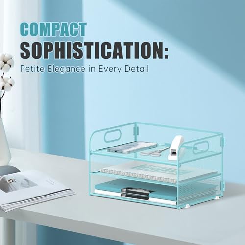 DALTACK 3 Tier Paper Organizer for Desk, Sliding Paper Trays, Blue