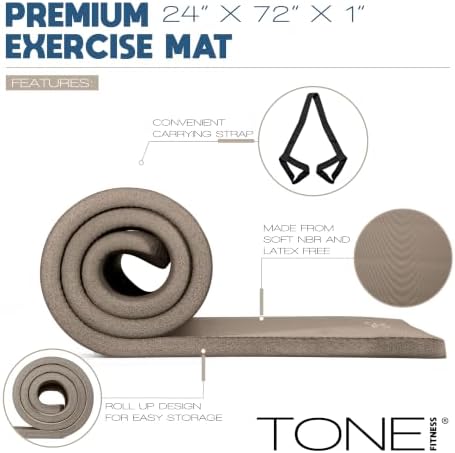Tone Fitness 1" Extra Thick Yoga Mat, Exercise & Pilates Mat with Strap