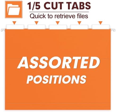 HERKKA Hanging File Folders, 30 Pack Reinforced Letter Size Hanging Folders, Designed for Bulky Files, Filing Cabinet, 1/5-Cut Adjustable Tabs (Orange)