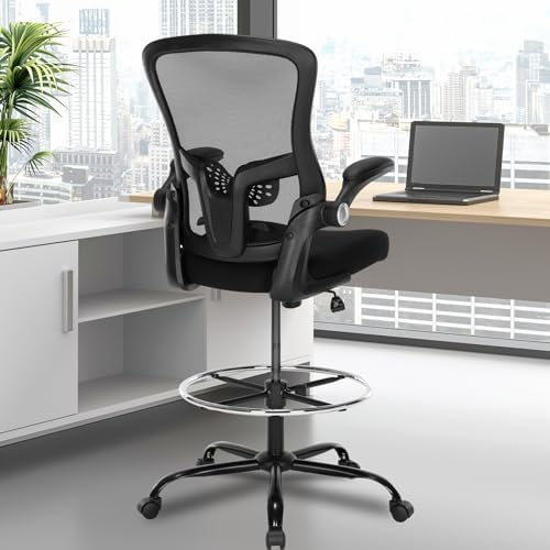 Ergonomic Drafting Chair – Tall Office Chair for Standing Desk, Adjustable Height Mesh Chair with Footrest and Flip-Up Arms, Counter Stool, Black