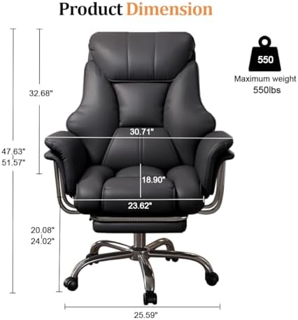 Big and Tall Office Chair 550 lbs Extra Wide Leather Executive Chair with Retractable Footrest, Heavy-Duty Ergonomic Chair, Adjustable Height Computer Gaming Chairs