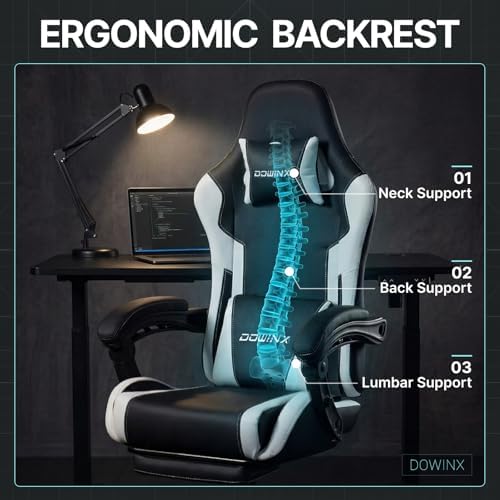 Dowinx Gaming Chair Ergonomic, Massage Lumbar Support, Footrest, Adjustable Height & Headrest Pillow, Heavy Duty 330lbs Office Chair, Comfortable for Back Pain Relief Long Gaming Streaming Black White