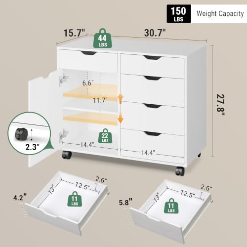 DEVAISE 5-Drawer Wood Office Cabinet, Craft Storage Cabinet, White