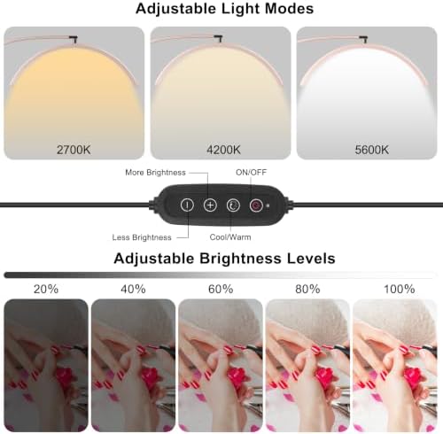 Professional Half Moon LED Desk Light for Nail Techs & Artists – Flexible Gooseneck Lamp with Clamp, 3 Color Modes & 5 Brightness Levels for Manicure, Tattoo, Beauty Work