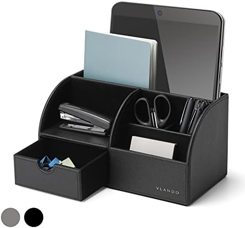 VLANDO Desk Organizer with Drawer, Leather Office Storage Caddy, Black