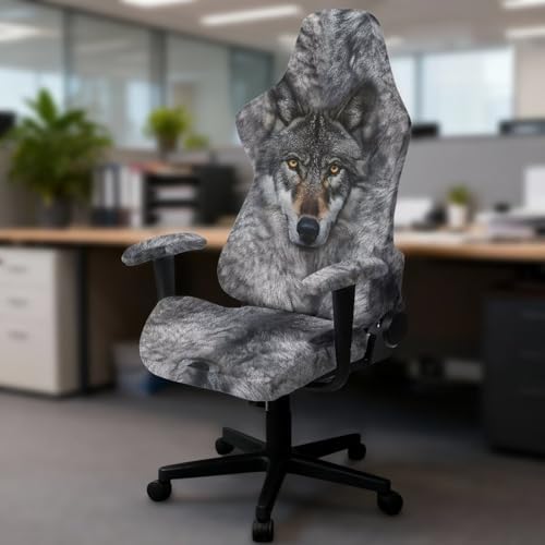 Wild Wolf Print Gaming Chair Cover with Armrest Cover Zipper Design Stretchable Universal Swivel Chair Protector Scratch Proof Washable Office Desk Chair Slipcover,4 Pcs