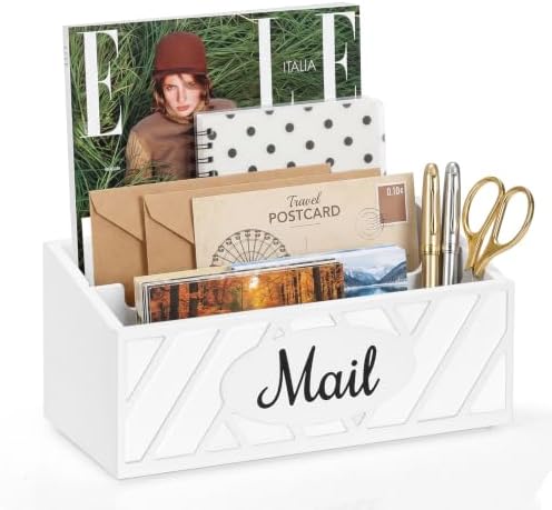 Mail Organizer Countertop with 2 Slots, Farmhouse Mail Holder for Desk with Removable Divider, Wooden Desk Organizer for Letters Bills Envelopes Storage, Mail Sorter for Home Office Countertop, White