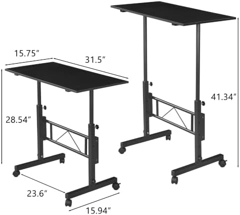 VECELO Small Standing Desk Adjustable Height, Mobile Computer Workstations with Wheels, Portable Rolling Laptop Table for Walking Pad, Home Office, Dark Black