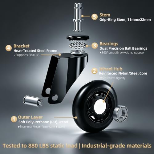 Office Chair Wheels 3 Inch, Set of 5, 880LBS Silent Casters, Black