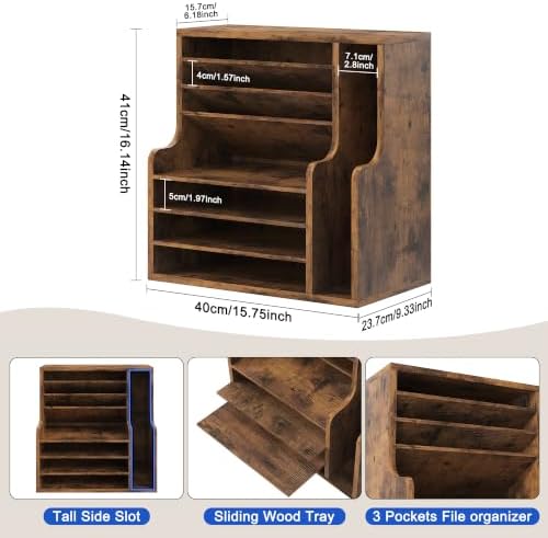 Wood Desktop File Holder Organizer Mail Sorter for File Folders, Mails, Envelopes or Magazines, 8 Compartments (Brown)