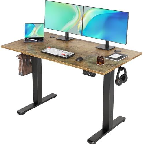 Seang Electric Standing Desk Adjustable Height, 48 x 24 Inch Sit Stand Desk with T-Shaped Frame, 3 Memory Presets & Cable Management for Home Office Computer Workstation, Black Frame/Rustic Brown Top