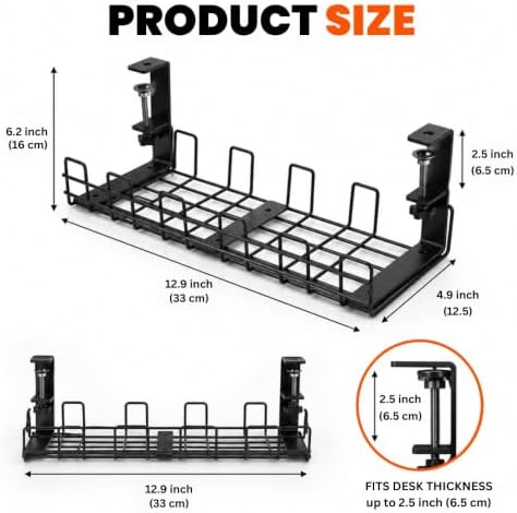 Under Desk Cable Management Tray 2 Pack, No Drill, Clamp Mount, Black