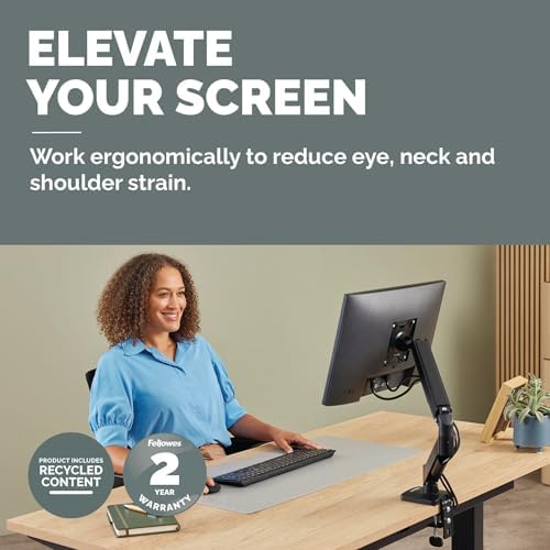 Fellowes Everyday Plus Single Gas Spring Monitor Arm Supports up to 32" Screens Weighing 4.4-19.84 lbs, Height Adjusting, Tilt, Swivel, Rotate, VESA 75/100, Clamp or Grommet Mount, Cable Management