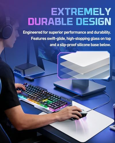 Glass Gaming Mouse Pad for FPS Gaming, Balanced Speed & Control, Tempered Glass Mousepad with Micro-Etched Surface, Anti-Slip Base for Valorant, CS2 & Office, White, 16.2 x 12.2 in