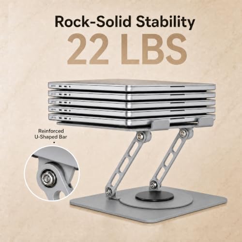 Aluminum Laptop Stand for Desk, Heavy Duty Computer Stand with 360° Rotating Base, Ergonomic Adjustable Height Notebook Riser, Compatible with MacBook Pro/Air, Dell, HP, 10-17” Laptops - Silver