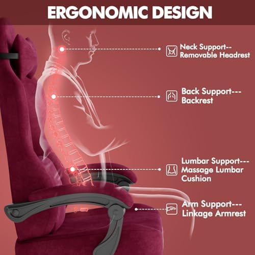 Soontrans Red Velvet Fabric Gaming Chairs with Footrest, Ergonomic Comfortable Video Gamer Chair, Reclining Office Computer Desk Game Chairs with Massage Lumbar Cushion,Headrest for Adult