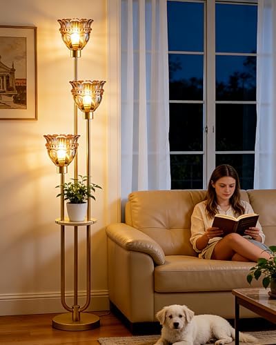 Lightdot Glass Floor Lamp with Shelf Amber Glass Flower Gold Floor Lamps