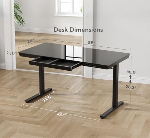 INNOVAR Glass Standing Desk with Drawers & USB Ports,55 inch Whole-Piece Glass Top Adjustable Height Desks, Quick-Install Electric Sit-Stand Up Desk for Home Office & Computer Workstation, Black
