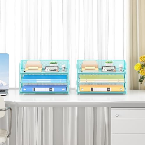 Paper Organizer with Handle,2P-3 Tier Blue Desk Organization Set