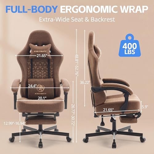 Gaming Chair Breathable Leather with Pocket Spring Cushion, Wide and High Ergonomic Office Chair with Headrest, Computer Gaming Chair with Footrest for Adult and Teen (Brown)
