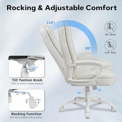 Executive Office Chair, High Back Ergonomic Desk Chair with Lumbar Support, Adjustable Big and Tall Computer Chair, 360° Swivel, PU Leather, White