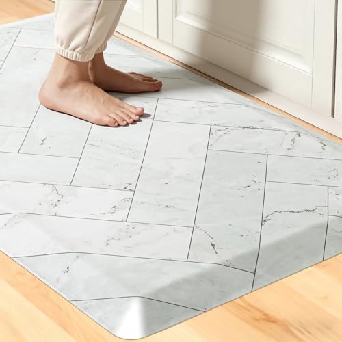UKISS 9/10 Marble-Pattern Extra Thick Cushioned Kitchen Mat, Non-Slip Waterproof Comfort Memory Foam Standing Desk Mat, Ergonomic Anti Fatigue Floor Mat for Kitchen, Office (Teal, 20" X 32")